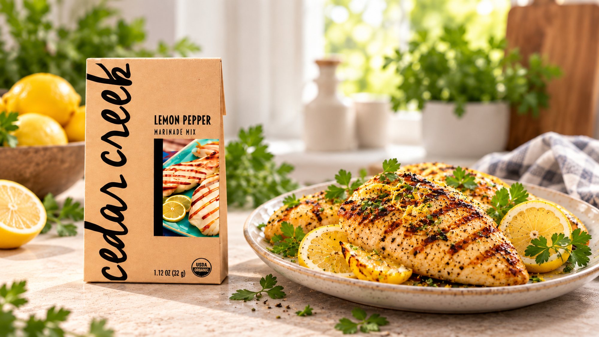 A Lemon Pepper pack of Cedar Creek marinade mix in a sunny kitchen beside a platter of grilled chicken and lemon slices