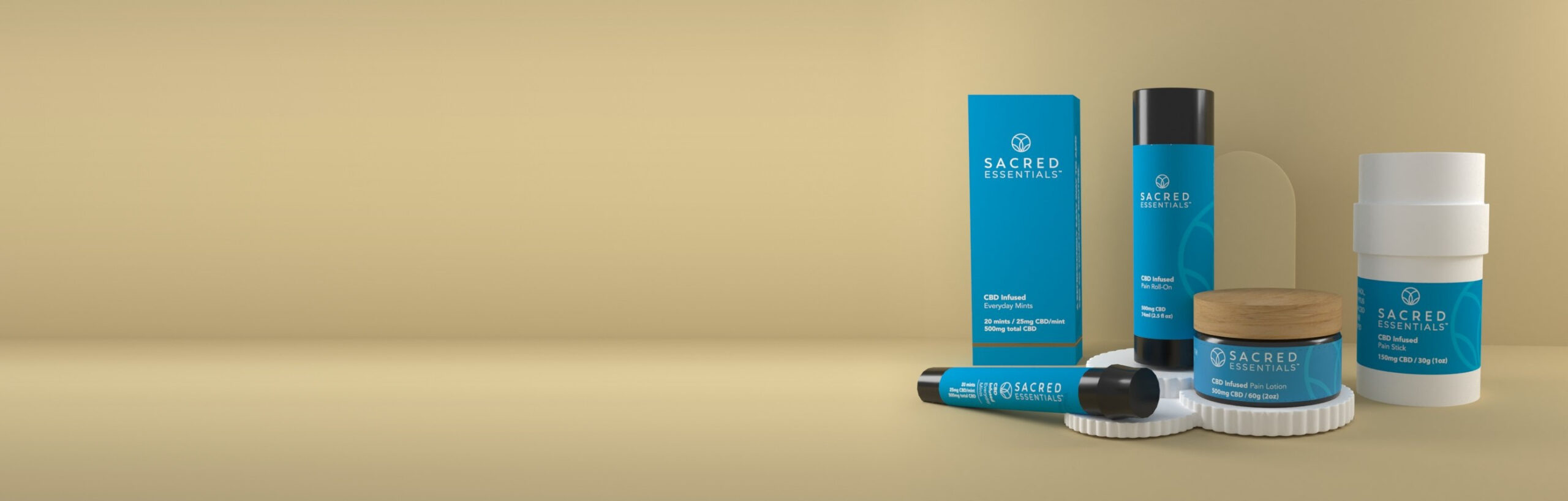 The Sacred Essentials range: Everyday Mints, Pain Roll-On, Pain Lotion and Pain Stick