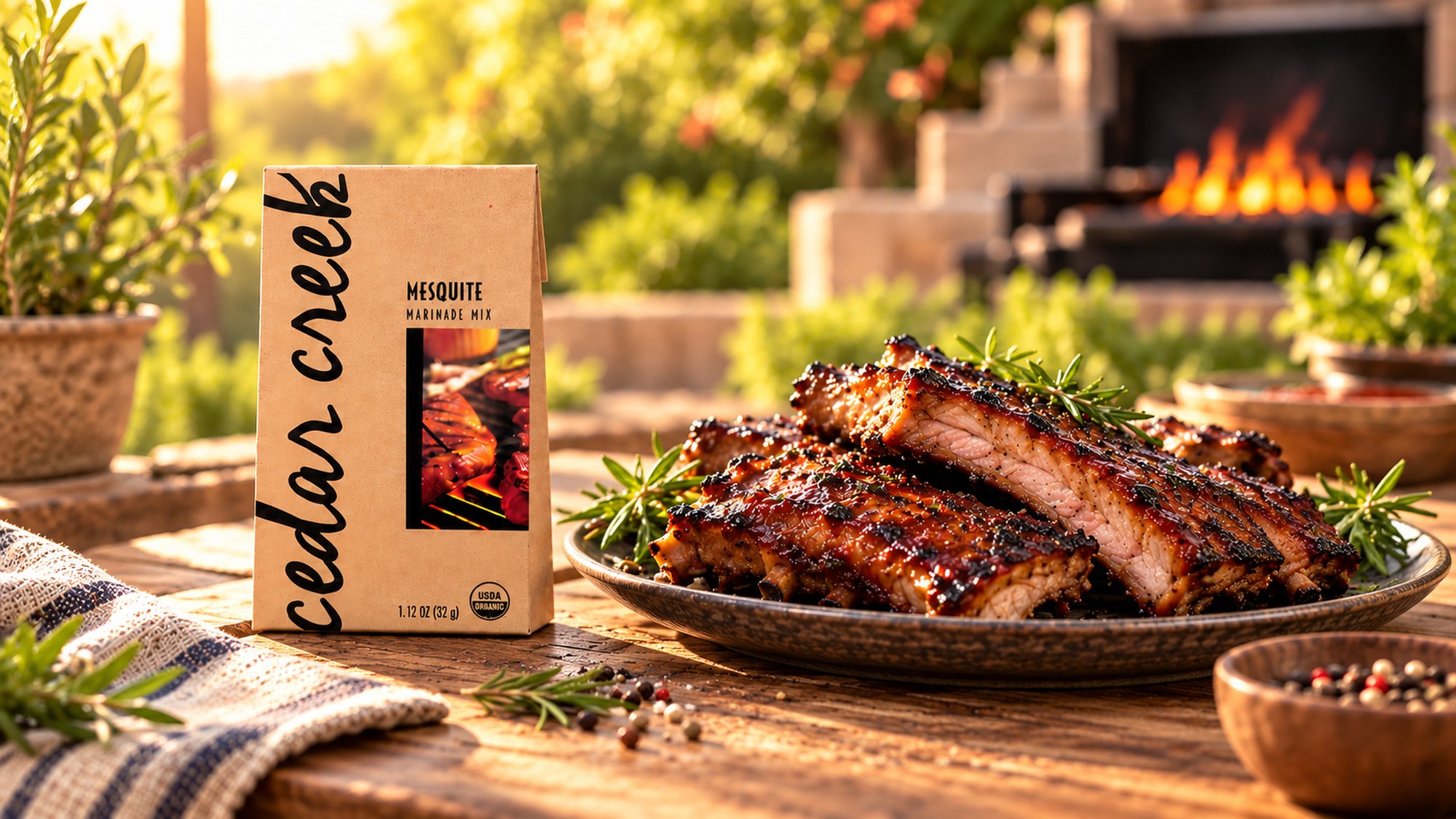 A Mesquite pack of Cedar Creek marinade mix on a wooden outdoor table beside a platter of glazed ribs, a grill fire behind