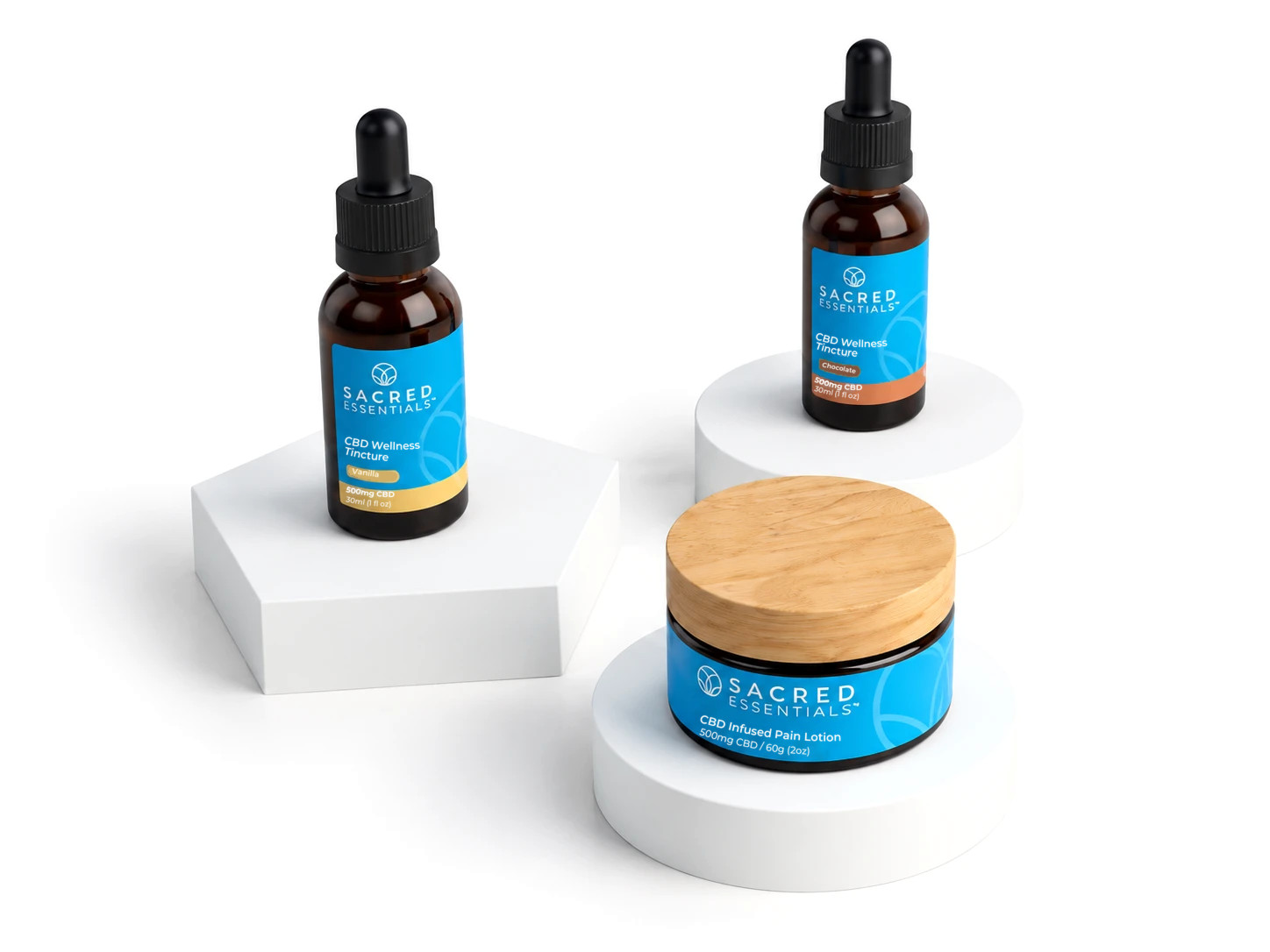 Sacred Essentials Wellness Tinctures and Pain Lotion on white plinths