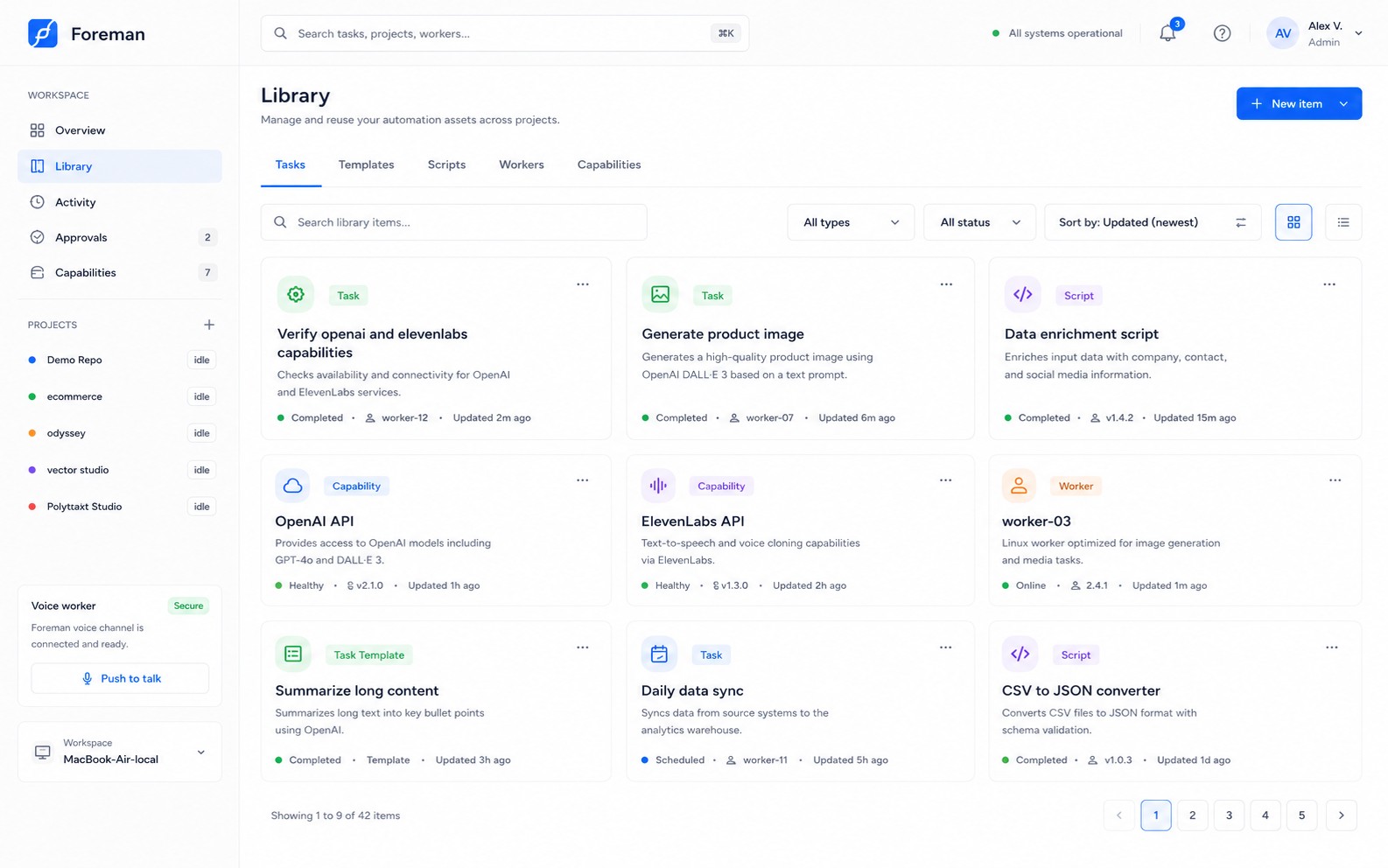 The Foreman Library: tasks, capabilities and workers as cards with their status.