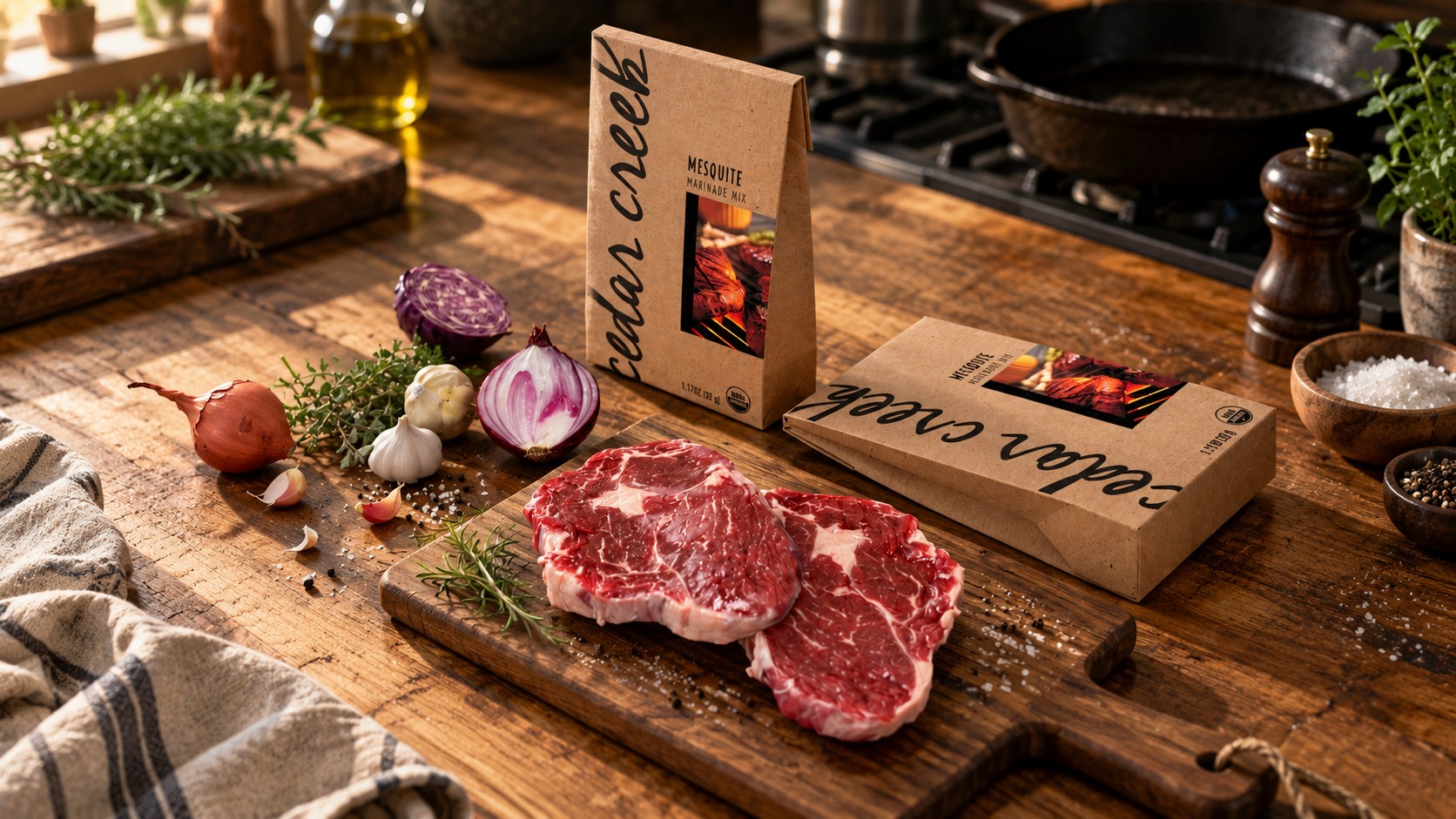 Two Mesquite packs of Cedar Creek on a wooden kitchen table beside two raw rib-eye steaks on a board, with onions, garlic and thyme