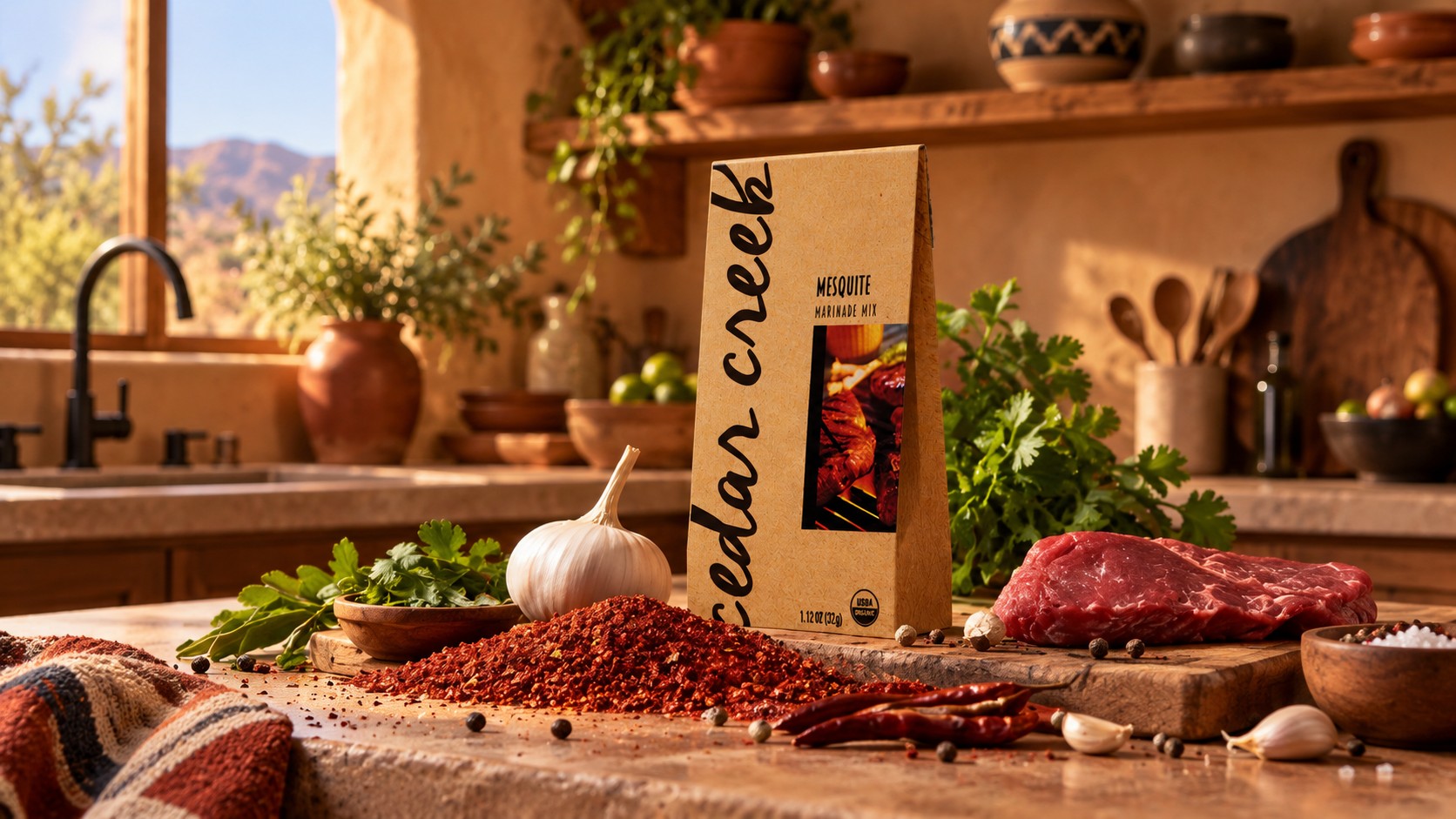 A Mesquite pack of Cedar Creek on an adobe kitchen counter with a heap of ground chilli, garlic, coriander and a cut of beef