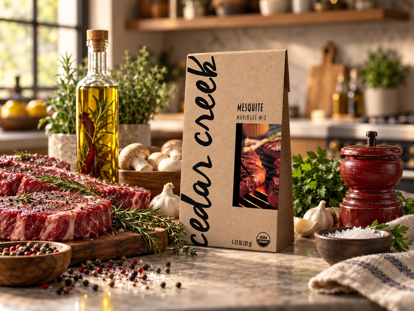 A Mesquite pack of Cedar Creek on a marble counter between marbled steaks on a board, olive oil, mushrooms and a red pepper mill