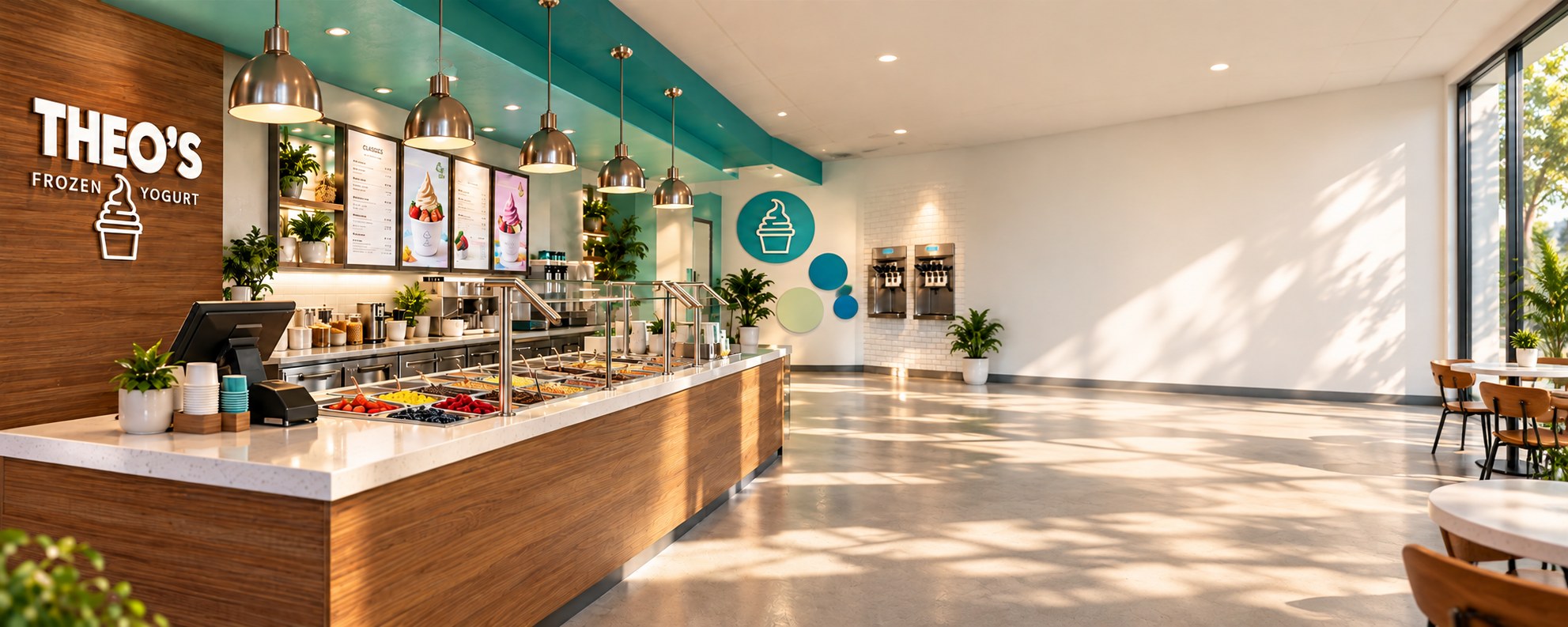 The Theo’s topping bar on a long walnut counter under chrome pendants, Theo’s Frozen Yogurt on the walnut wall, and a sunny white seating area