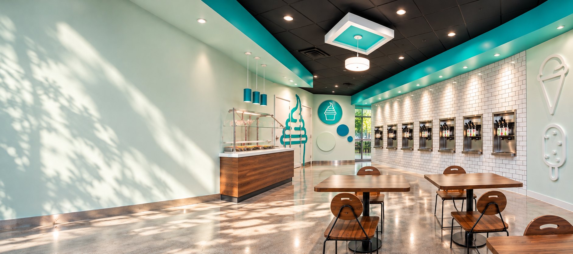 Inside a Theo’s: a pale mint wall in dappled sun, a walnut topping counter, a row of self-serve machines in white subway tile under a teal soffit, and walnut tables