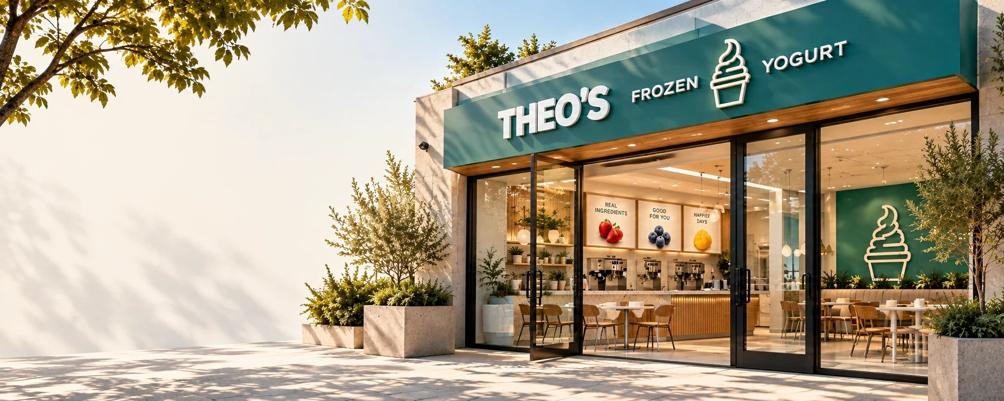 The Theo’s storefront in the sun: Theo’s Frozen Yogurt on a teal fascia over open glass doors, the machines and topping bar inside