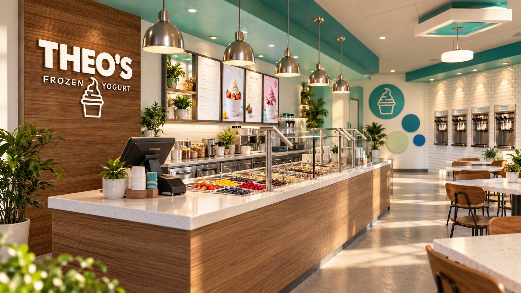 The Theo’s topping bar and the walnut wall behind it