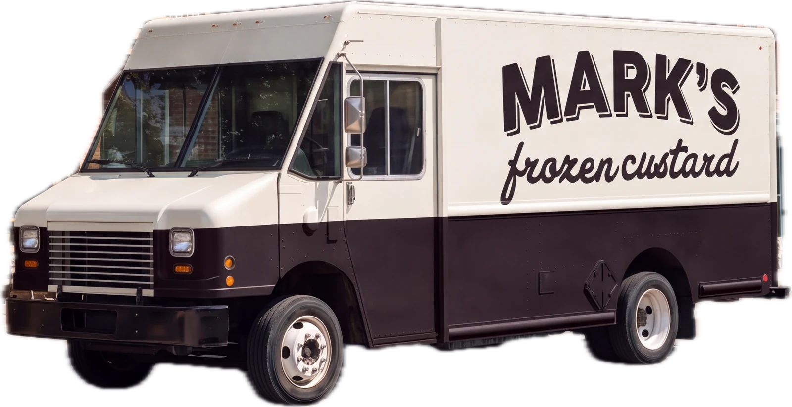 The cream and black Mark’s frozen custard truck