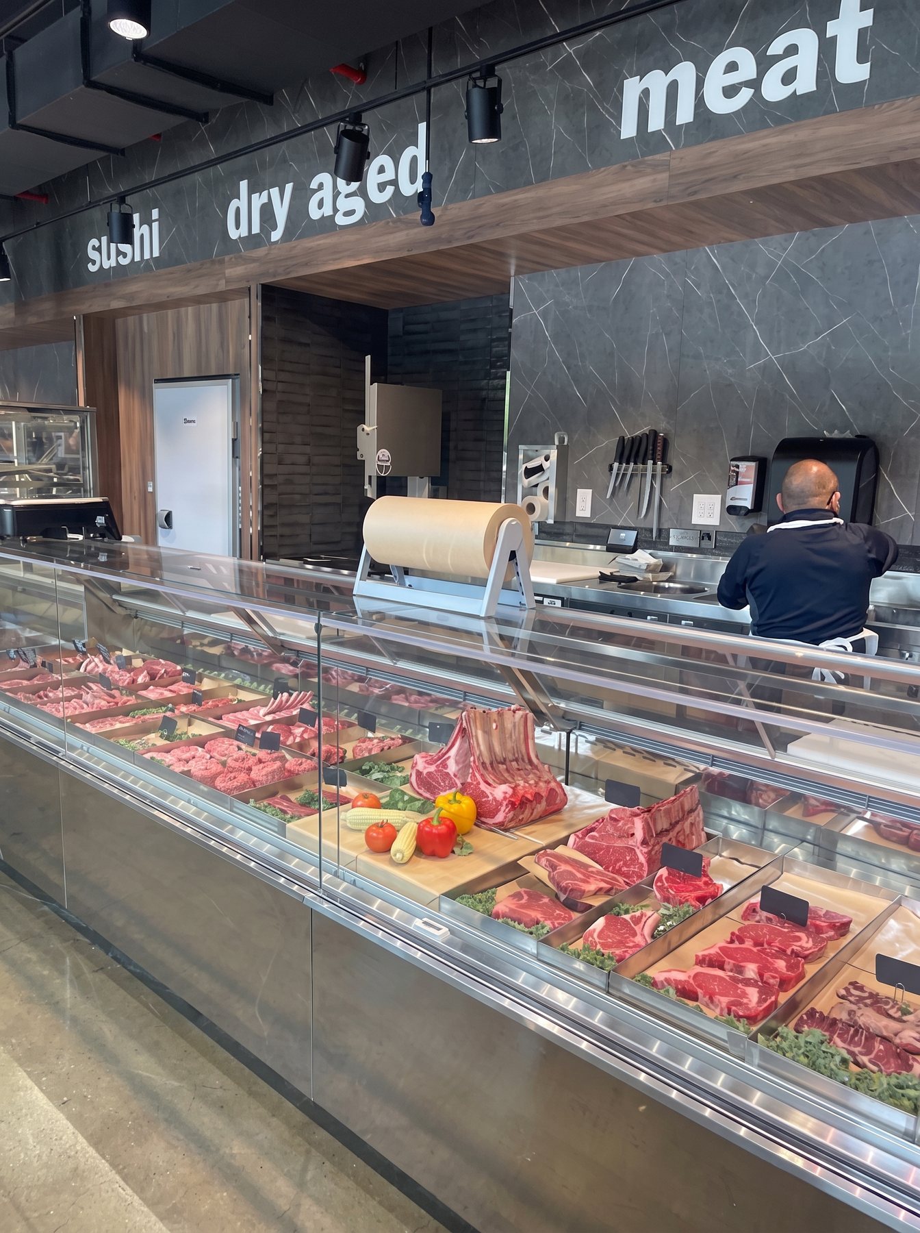 The butcher counter and dry aged case