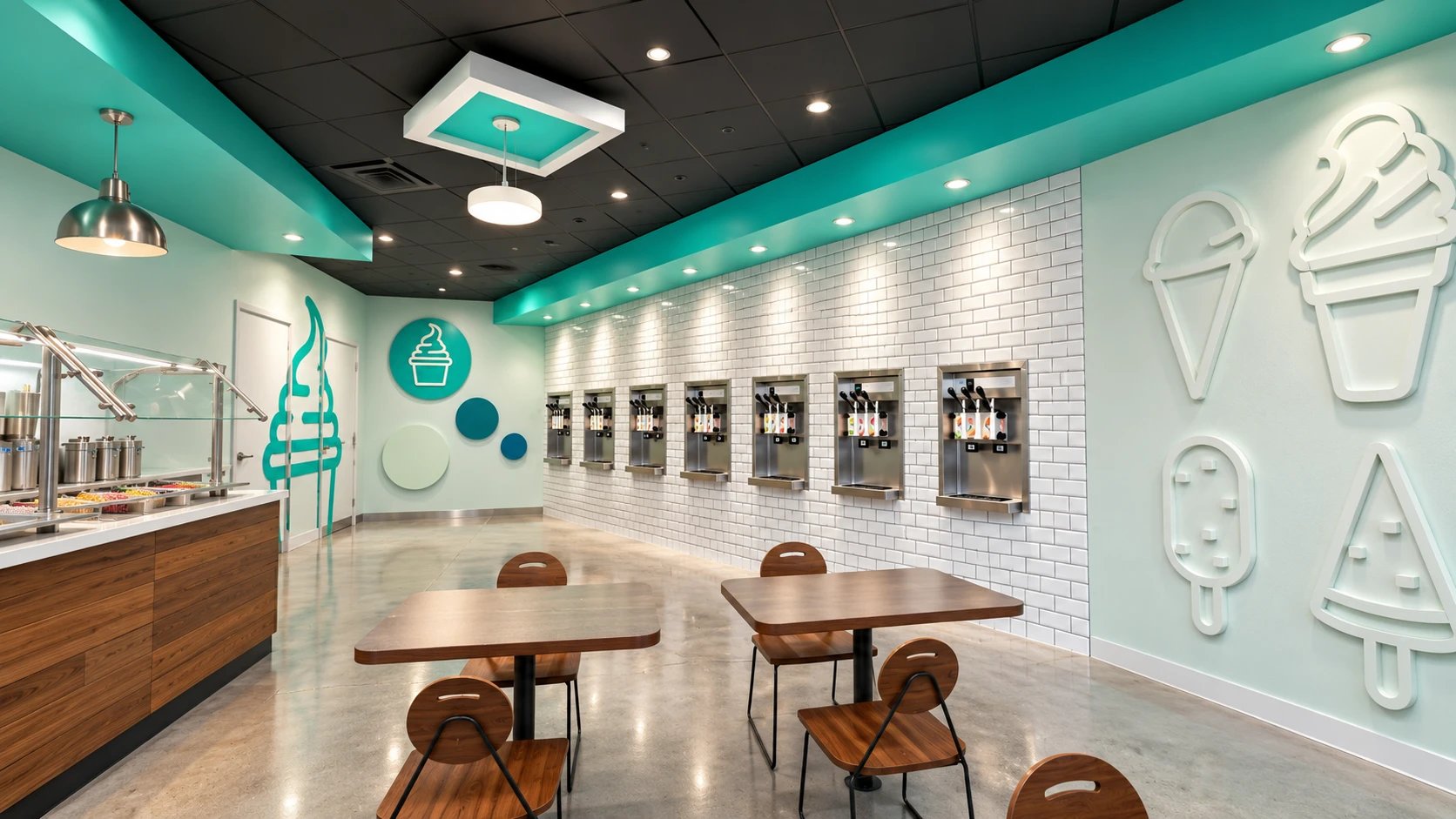 The Theo’s machine wall: self-serve machines under teal soffits