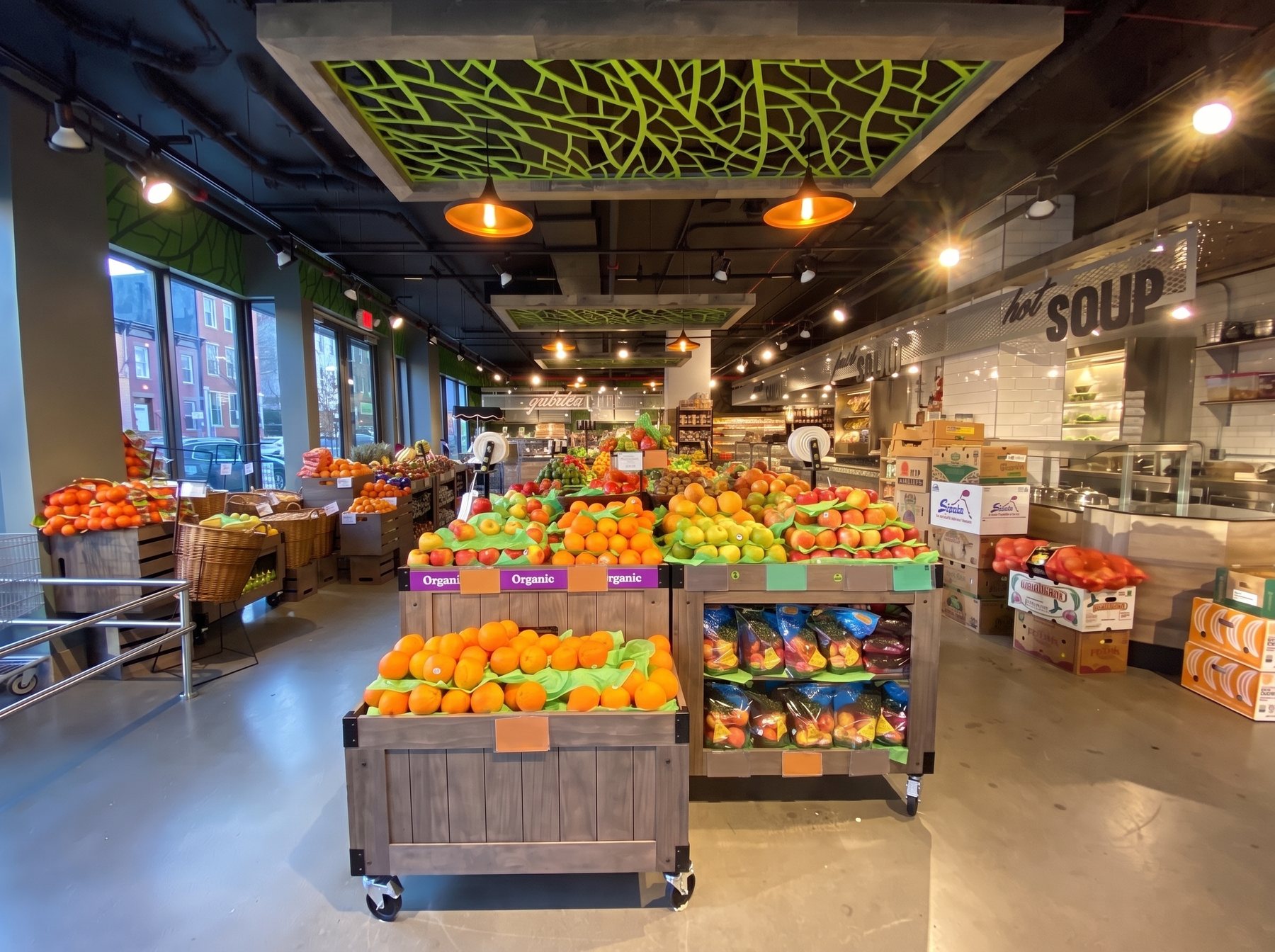 The produce floor under the leaf canopy
