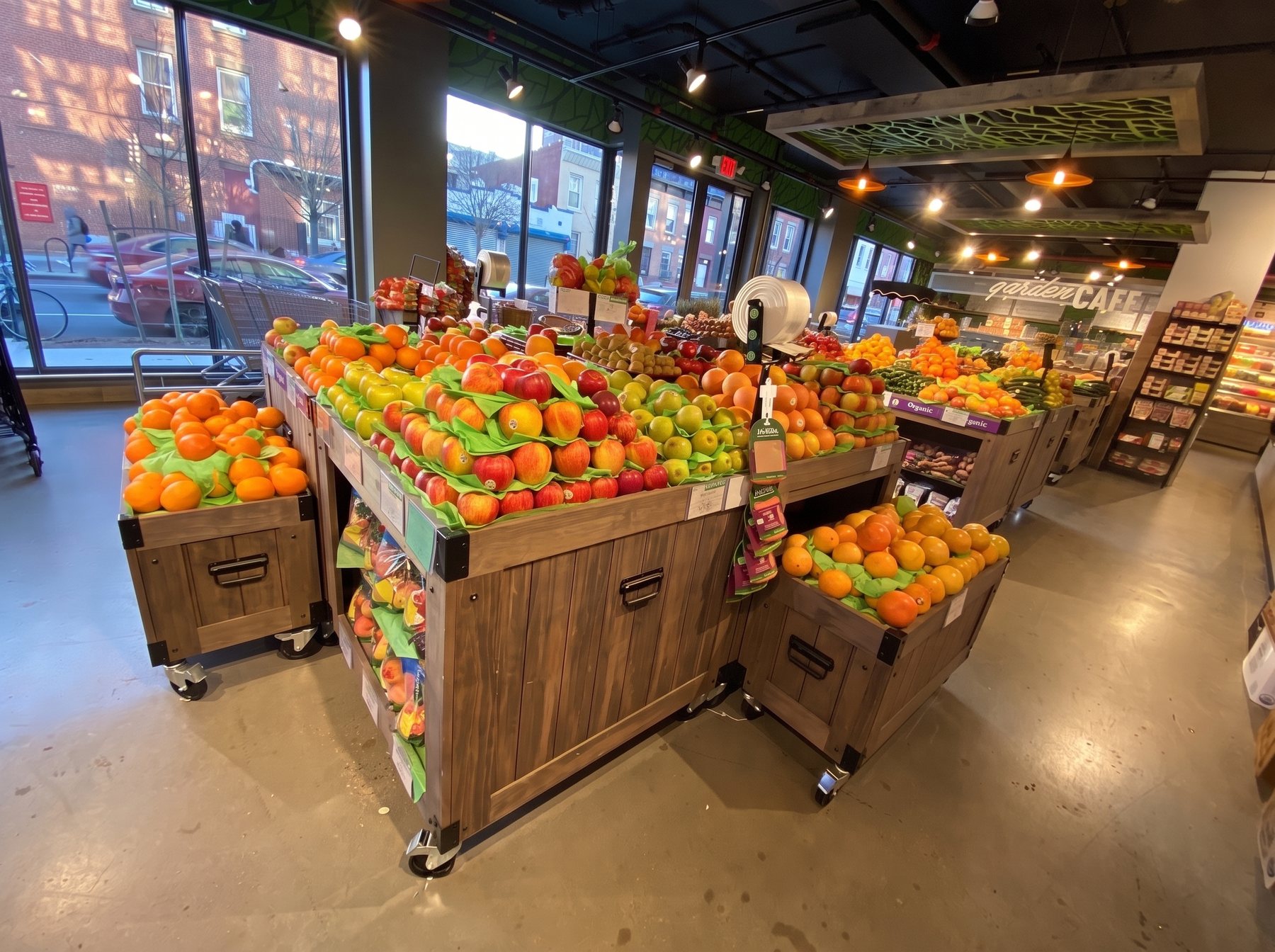 Fruit on the produce tables by the windows