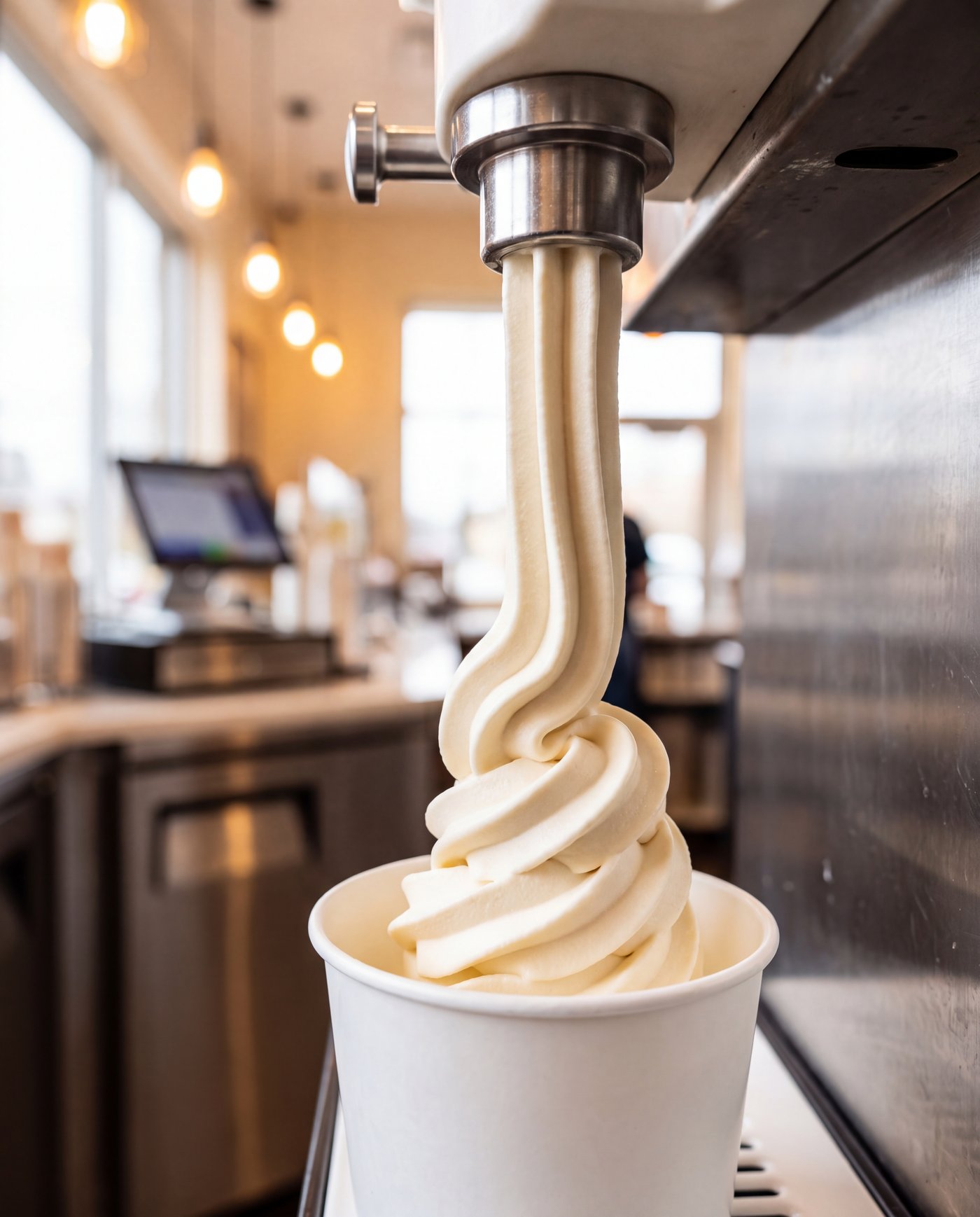 Fresh frozen custard folding out of a custard machine into a cup