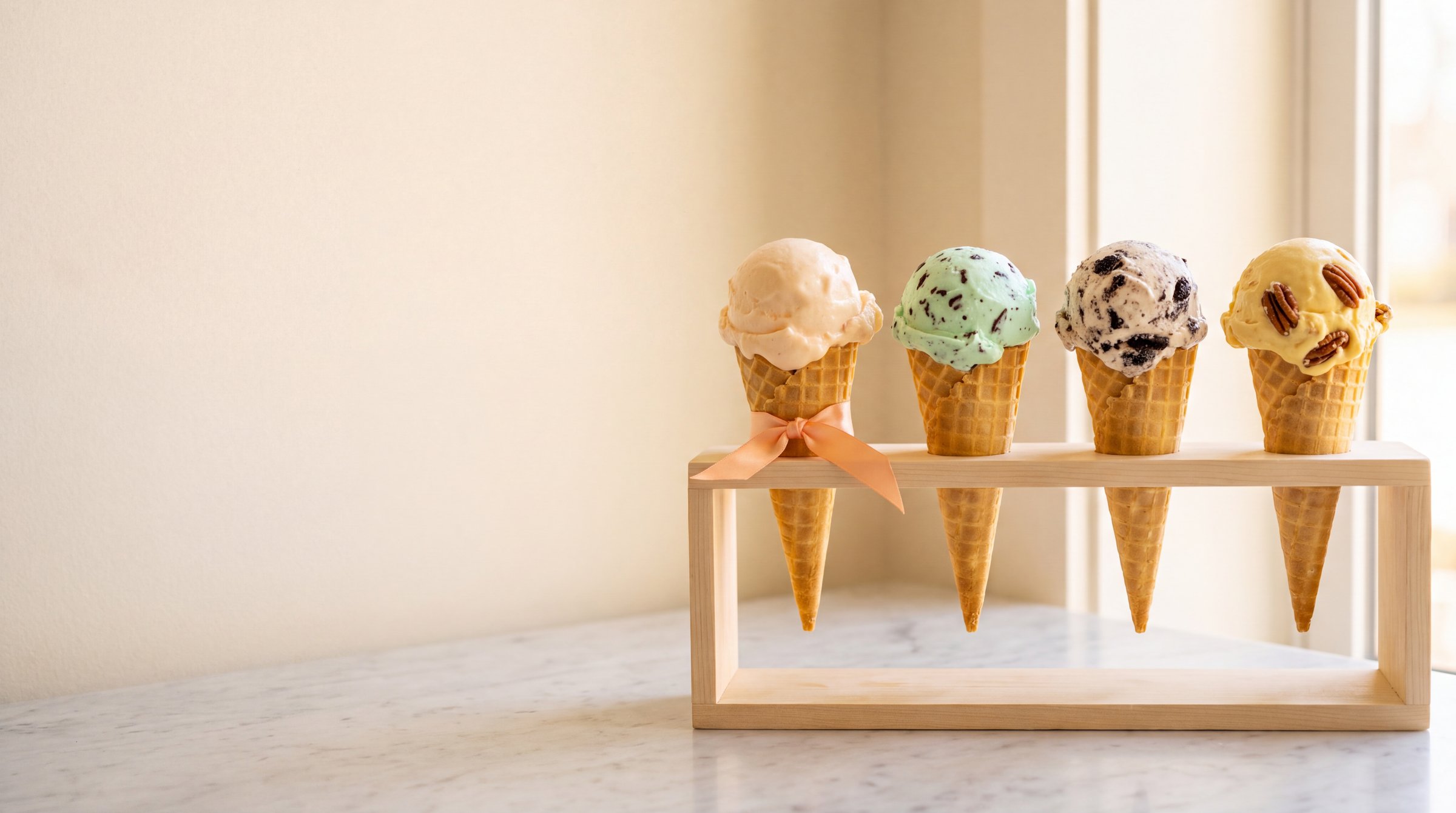 Four cones of frozen custard in a wooden stand