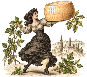 Nina carrying a wheel of cheese