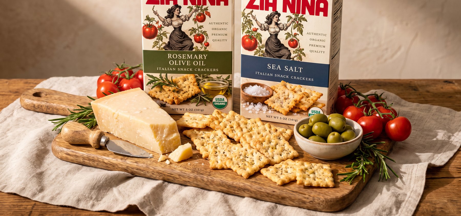 Zia Nina Rosemary Olive Oil and Sea Salt crackers on an aperitivo board with parmesan and olives