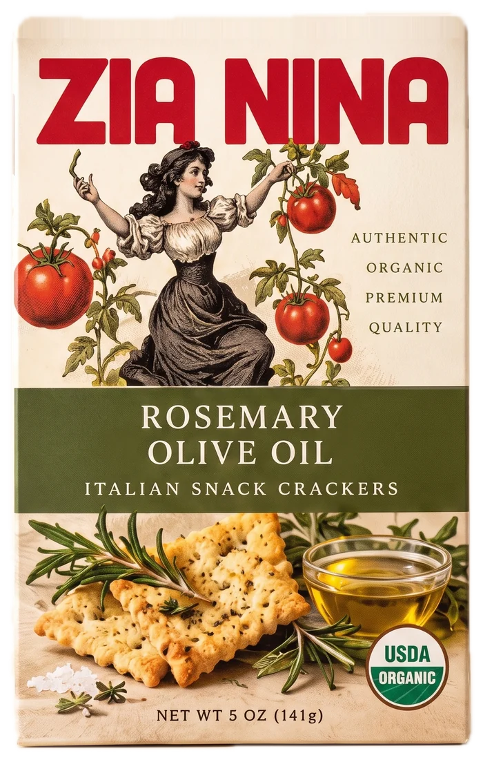 The Zia Nina Rosemary Olive Oil pack: red name, Nina with her armful, a snack crackers band