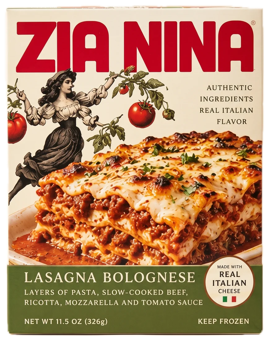 The Zia Nina Lasagna Bolognese pack: red name, Nina with her armful, a frozen entrée band