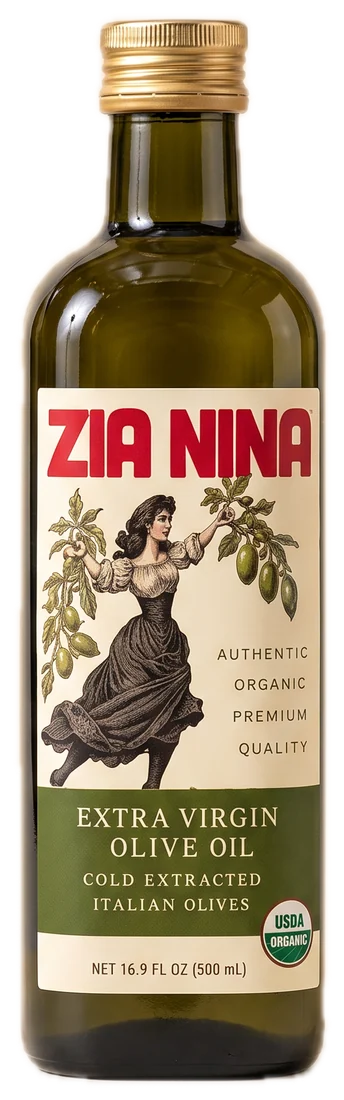 The Zia Nina Extra Virgin Olive Oil pack: red name, Nina with her armful, a pantry essentials band