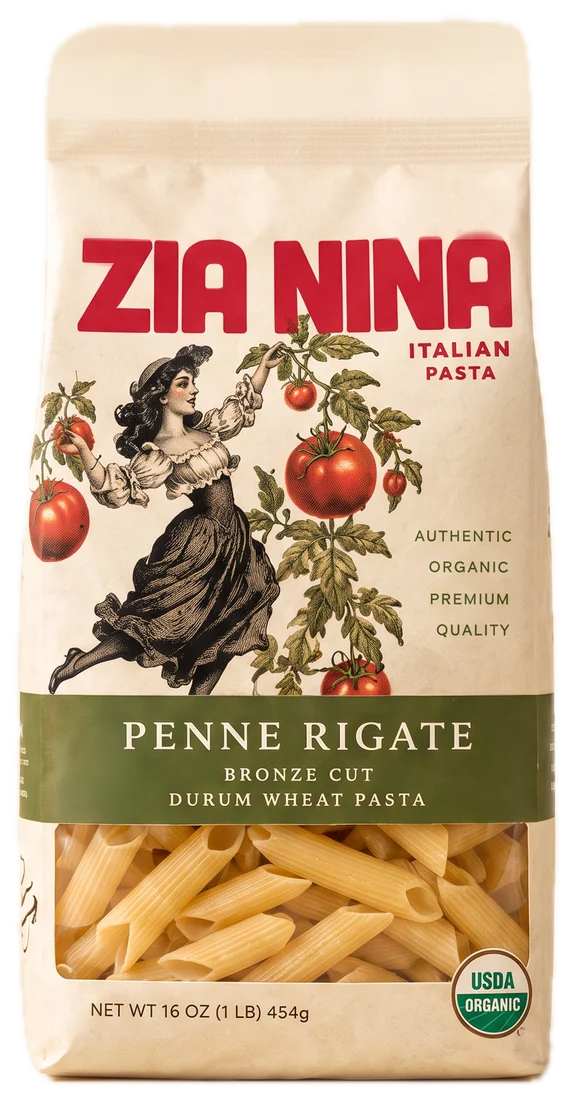 The Zia Nina Penne Rigate pack: red name, Nina with her armful, a italian pasta band