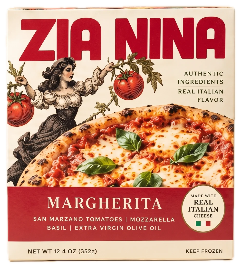 The Zia Nina Margherita pack: red name, Nina with her armful, a wood-fired style pizza band