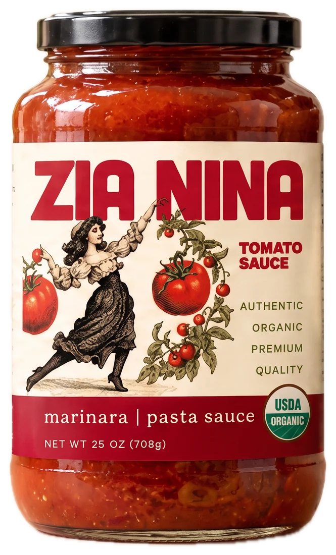 The Zia Nina Marinara pack: red name, Nina with her armful, a pasta sauce band