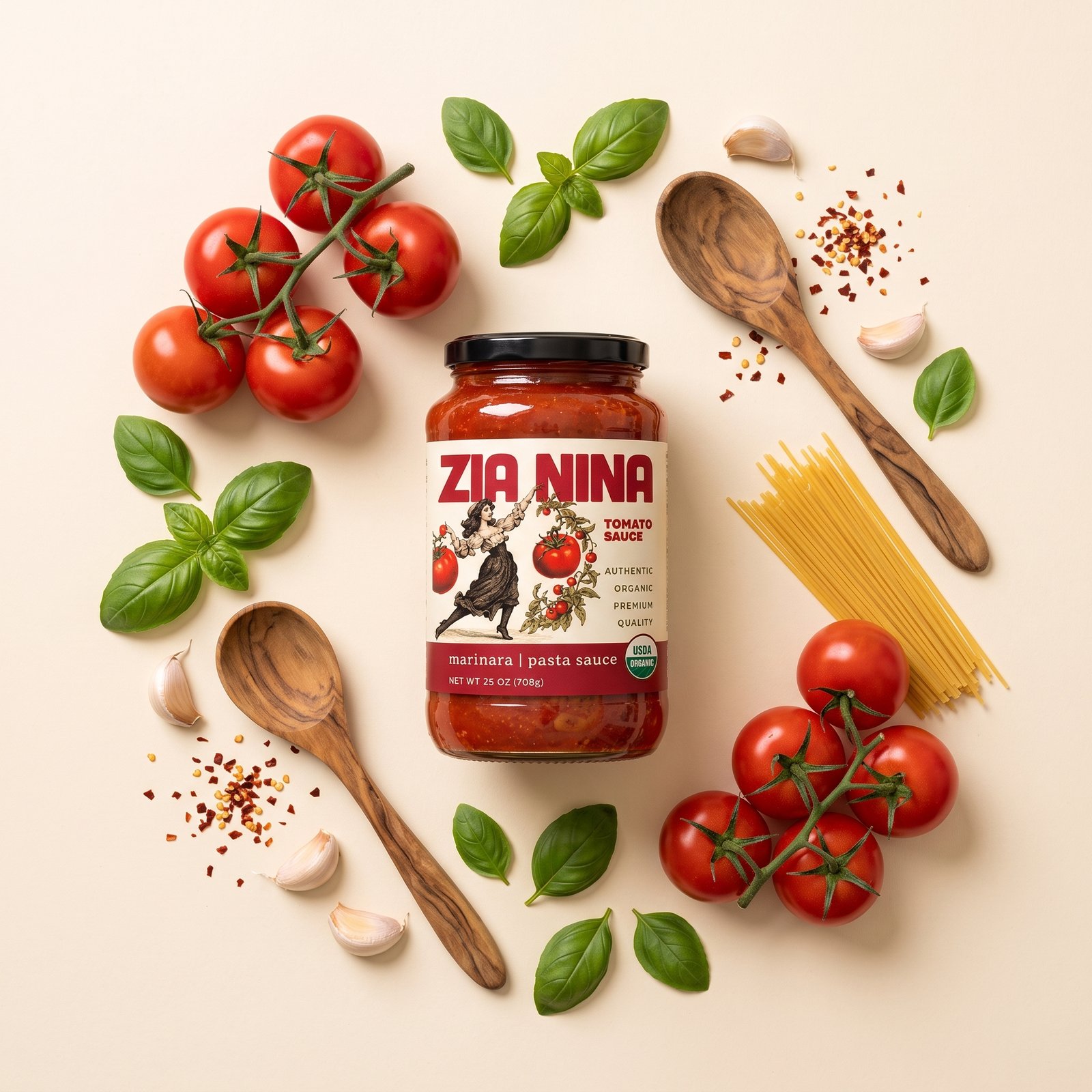 Zia Nina sauces, pasta and crackers laid out on a table from above
