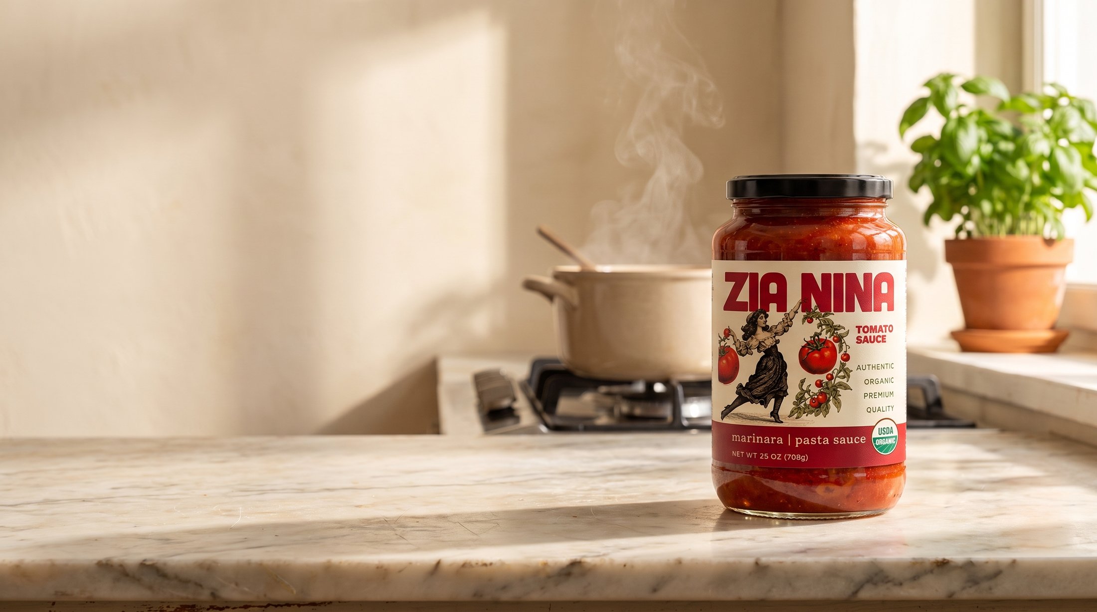 A jar of Zia Nina Marinara on a marble counter in a sunny kitchen, a pot steaming on the stove behind