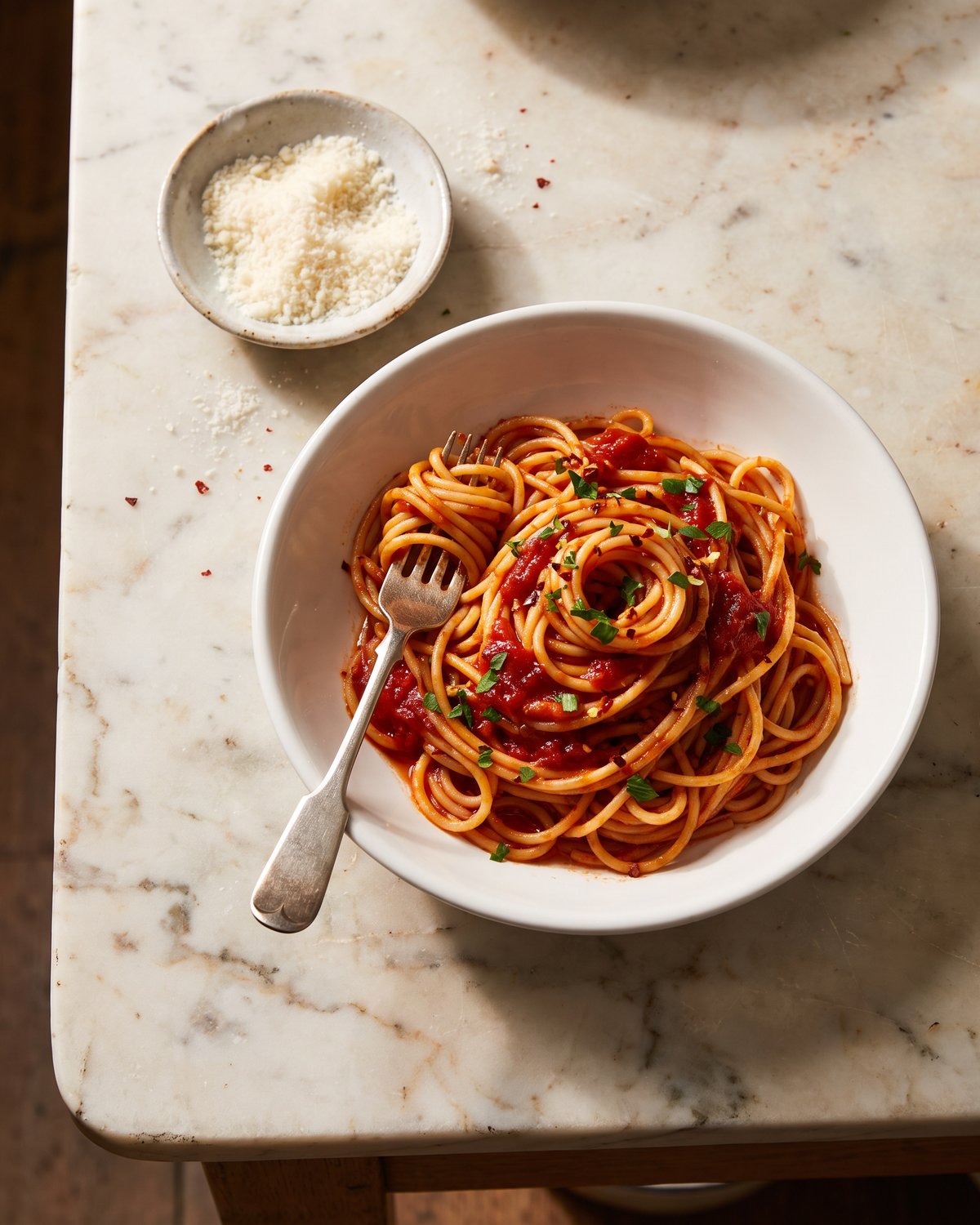 Spaghetti all'arrabbiata twirled in a white bowl