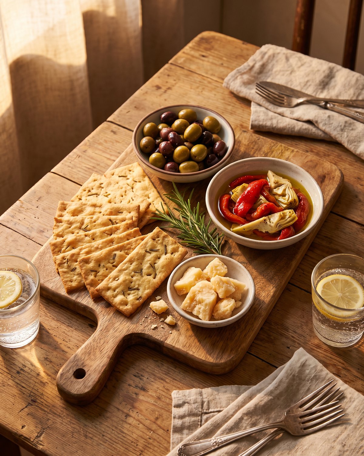 An aperitivo board of crackers, olives, peppers, artichokes and parmesan
