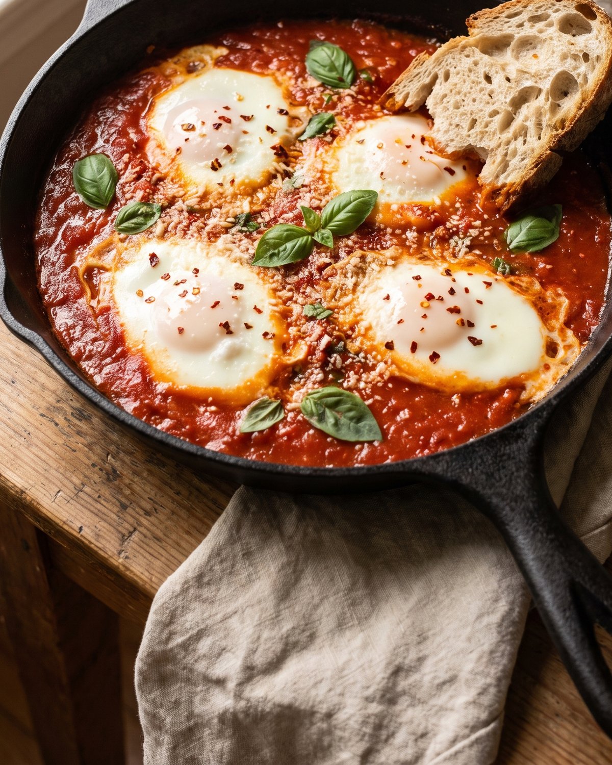 Eggs poached in marinara in a cast-iron skillet with bread