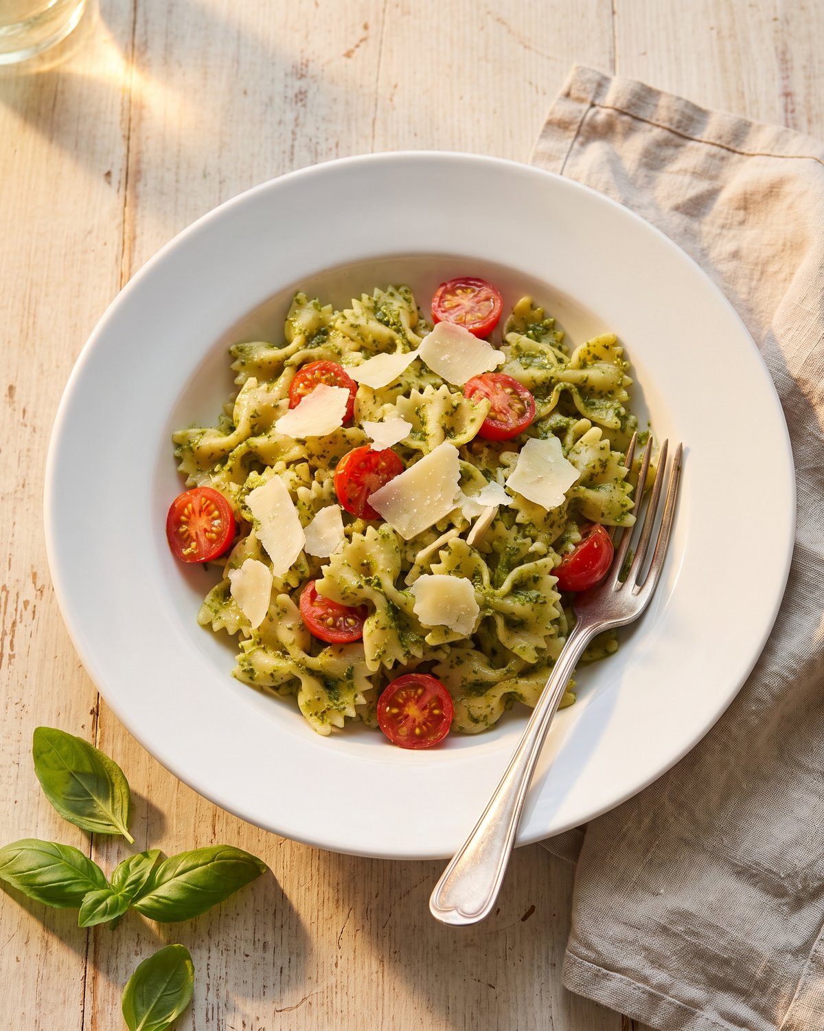Farfalle tossed in pesto with cherry tomatoes and parmesan