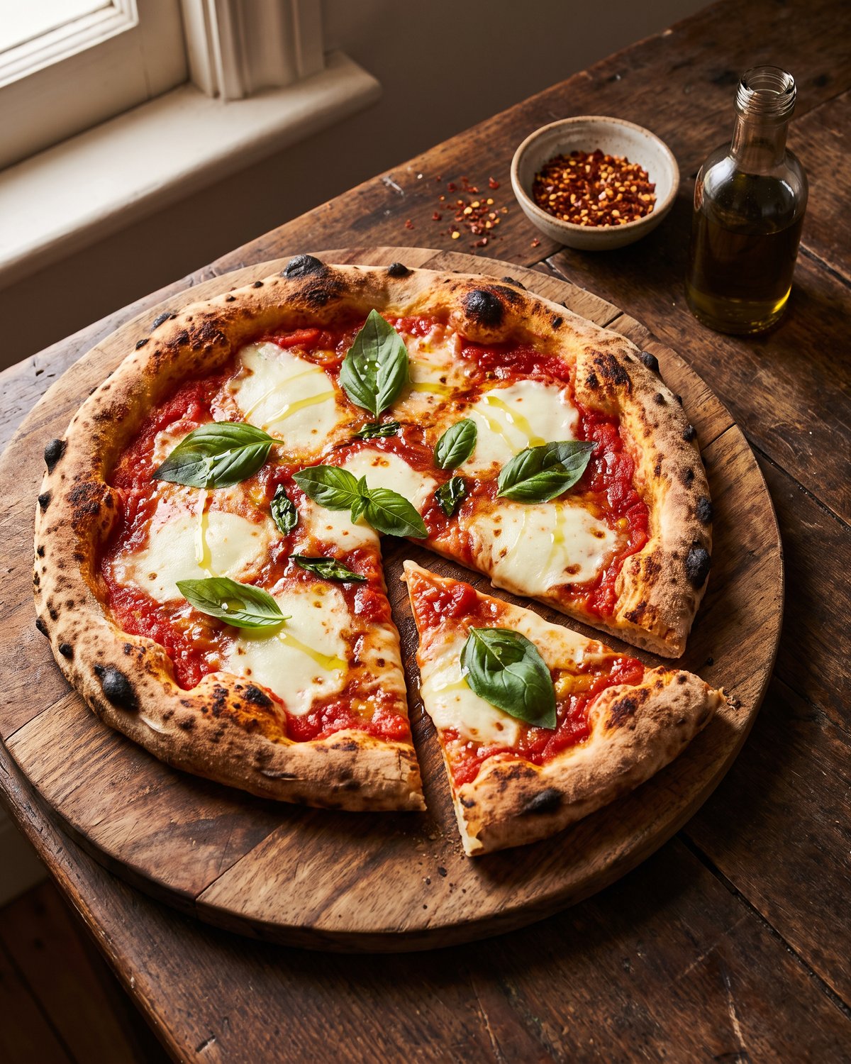 A baked Margherita pizza on a board with basil and chilli flakes