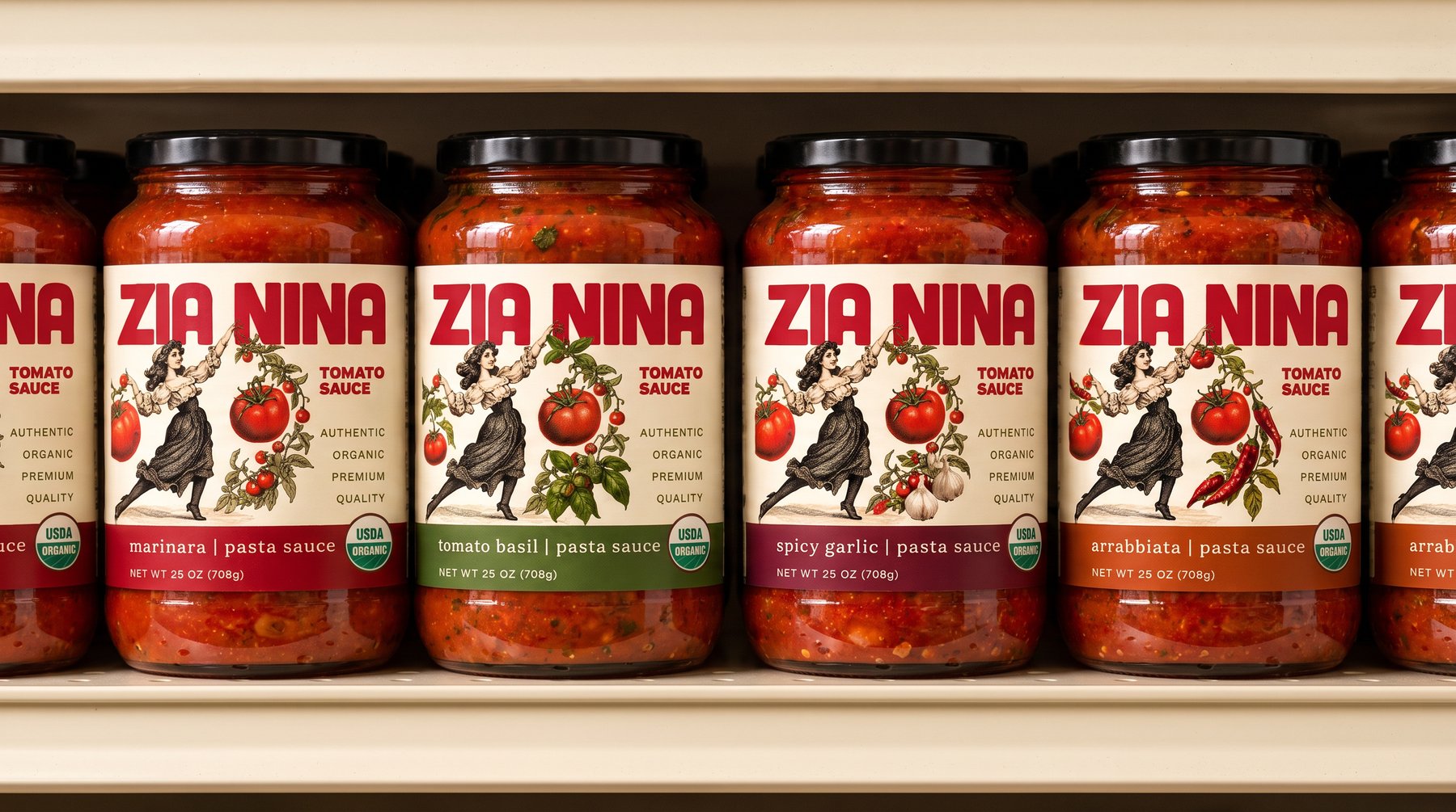 A grocery shelf of Zia Nina pasta sauce jars, faced in a row