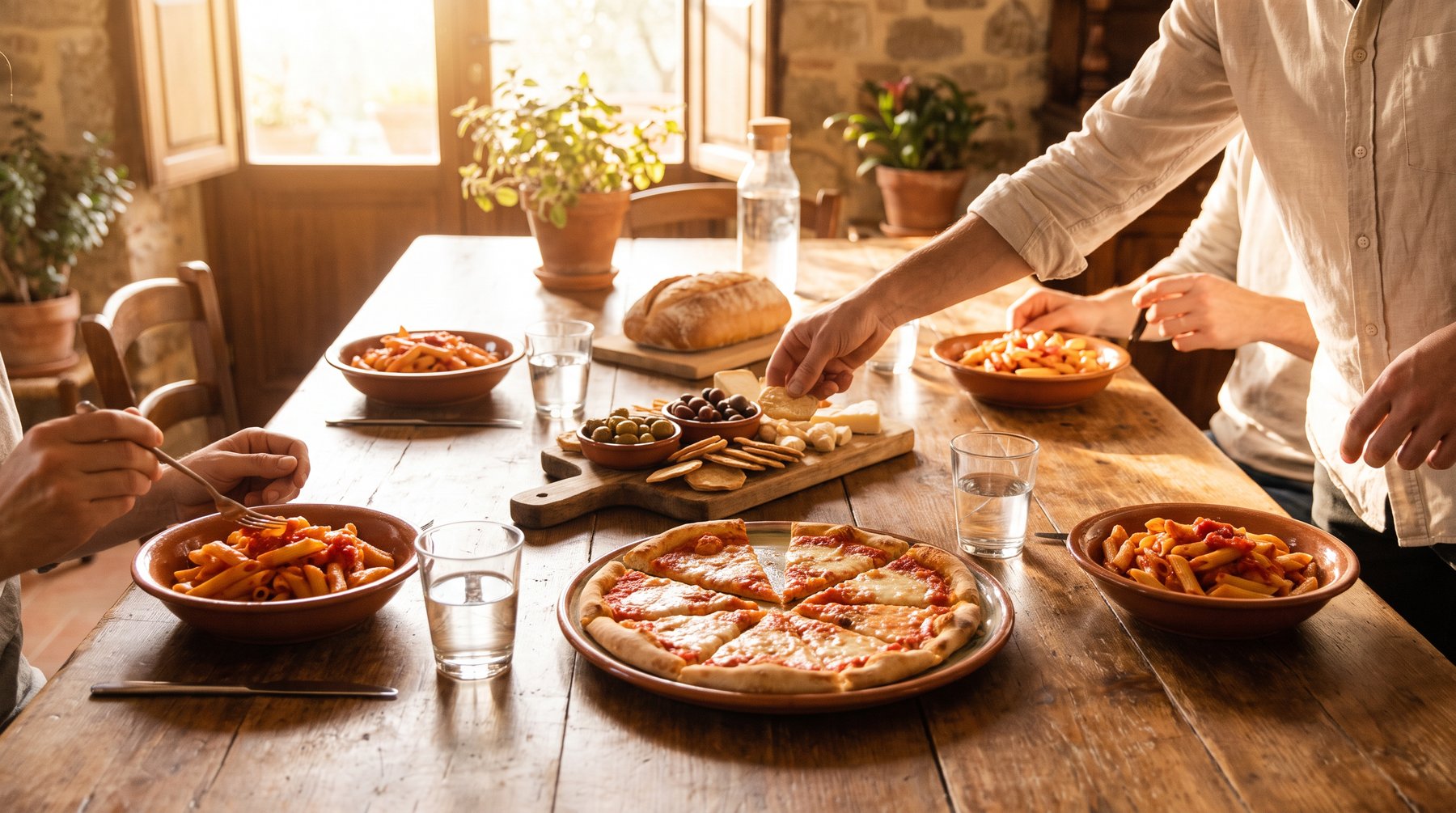 A family table laid with penne, a sliced pizza, a board of crackers and olives, hands reaching in